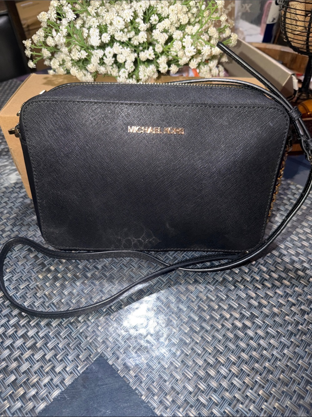 Michael Kors Black Saffiano Crossbody Camera Bag with Gold Logo